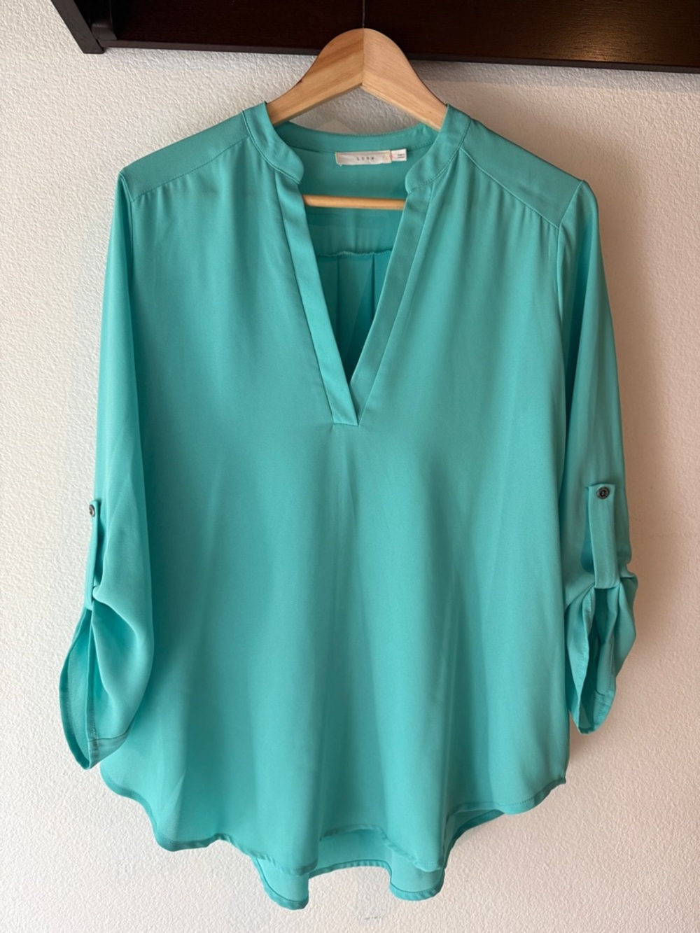 Lush V Neck 3/4 Button Roll Up Sleeve Blouse, Ocean Blue, Size L